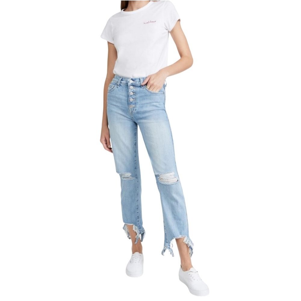 7 For All Mankind High Waist Cropped Straight Leg Distressed Jeans Button Fly 27